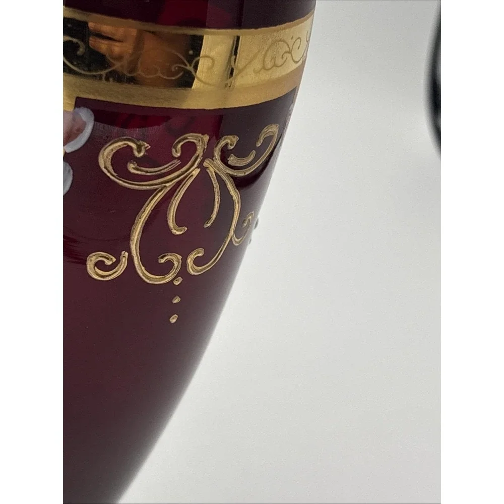 Seyei Japan Ruby Red Cranberry Glass Vase - 24K Gold Gilt & Enamel Flowers